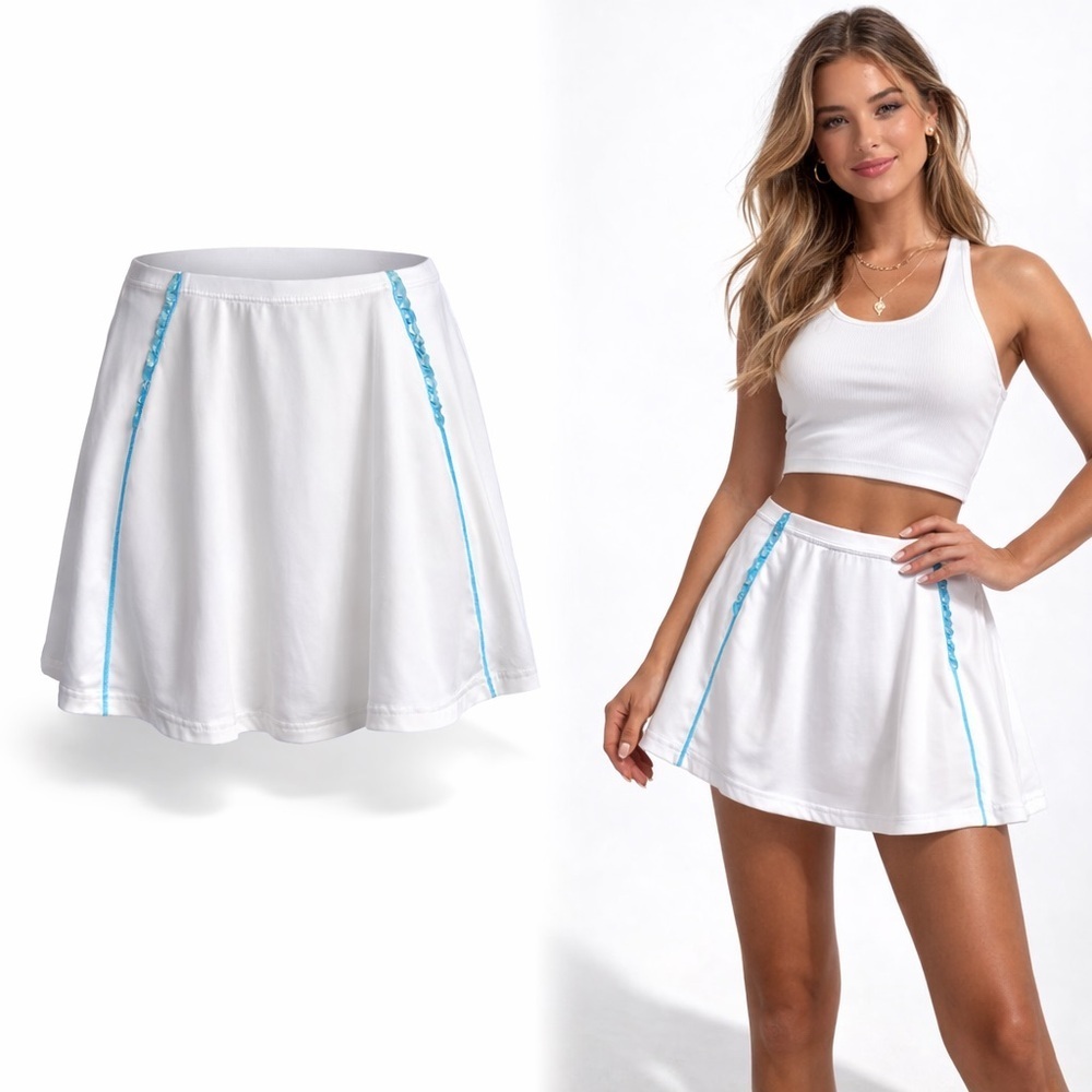 Pure Lime White Tennis Skort | Blue Trim Athletic Skirt | Built-In Shorts